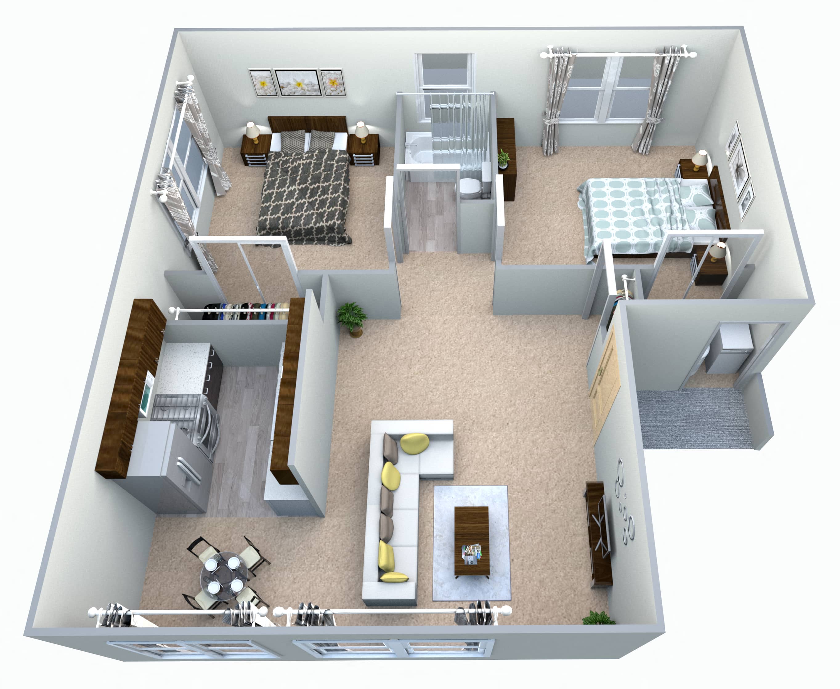 Floor plan for 2 beds, 1 bath, 740 sqft